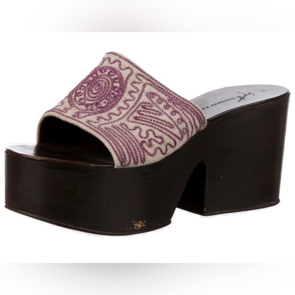 Giuseppe Zanotti Beige Canvas Embroidered Chunky Platform Sandal Slides Sz 37.5 - Picture 2 of 12